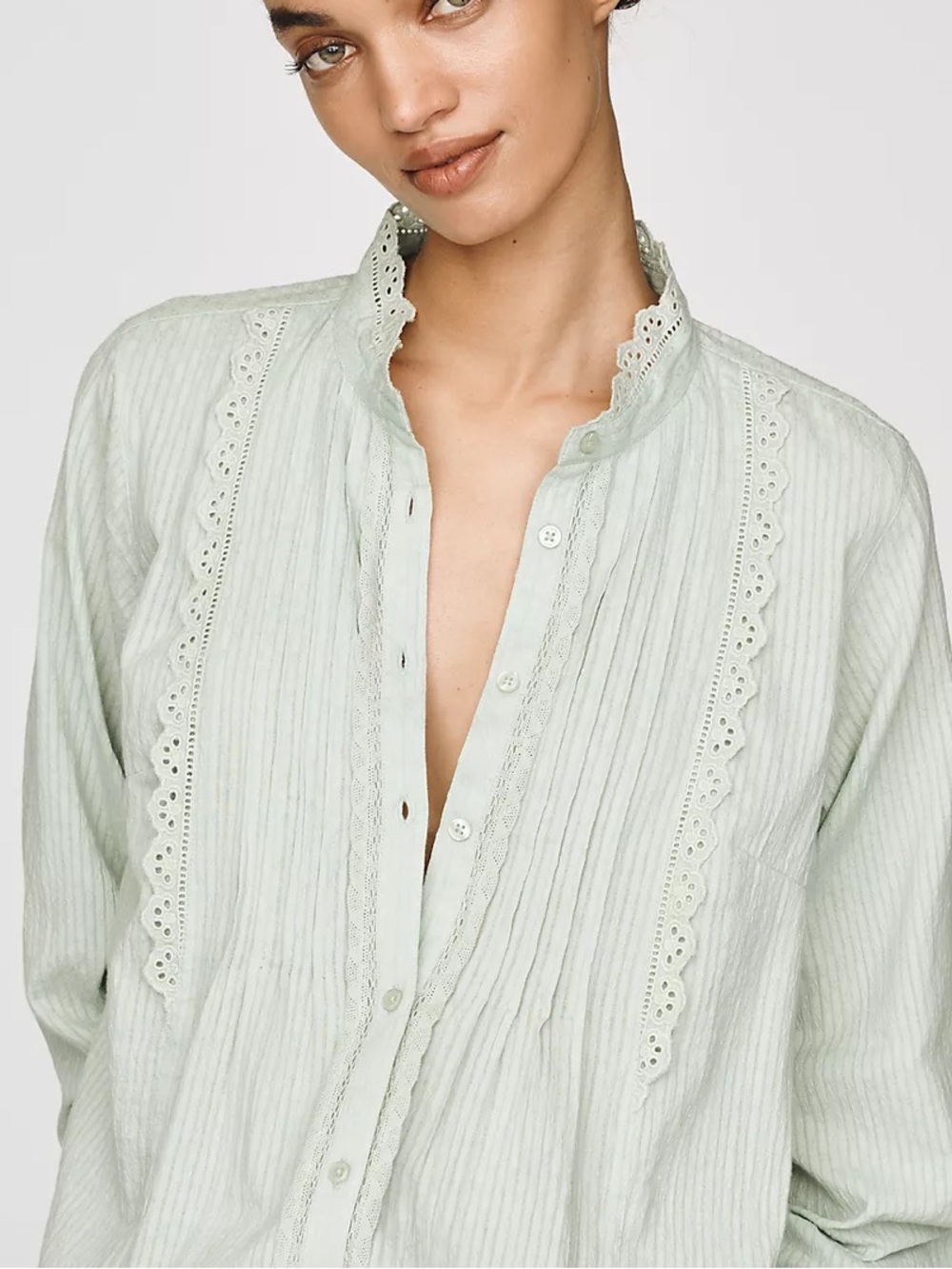 Anthropologie Frosty Green Lace-Trim 100% Cotton Lace Buttondown Blouse Medium